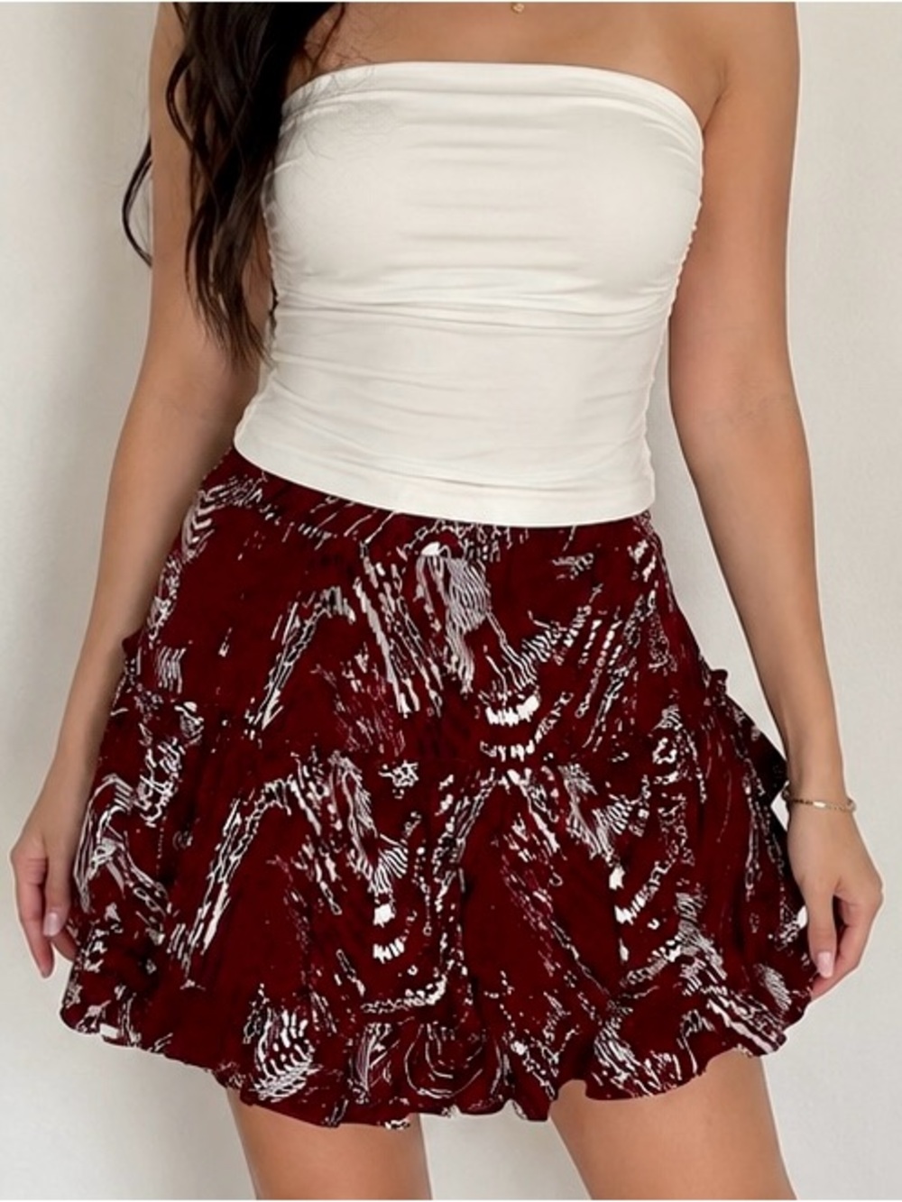 Tiered Ruffled Maroon Abstract Print Mini Skirt, Large